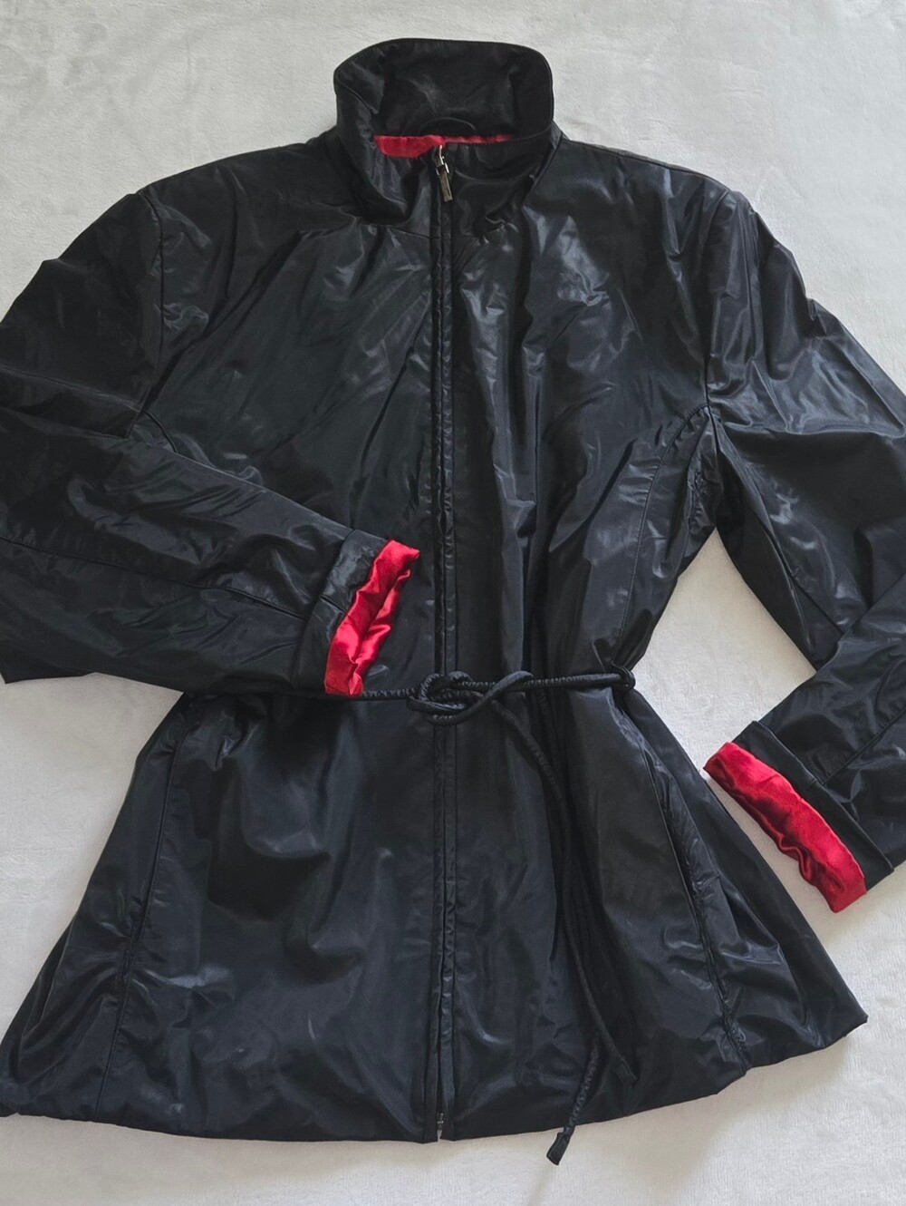 JLC Vntg Black Red Tie Waist Mock Neck Rain Jacket L
